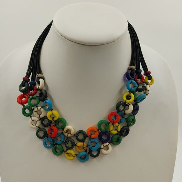 Boho Necklace Multicolor Disc Netted Statement Acrylic Cord Ball Loop Close 9.5" - Picture 1 of 7